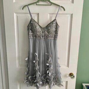 Ethereal Sue Wong Nocturne silver beaded dress with floral embellishments